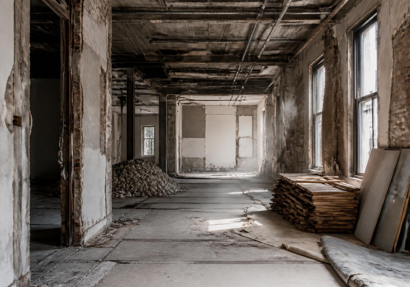 London commercial unit mid strip-out — exposed ceiling services, removed partitions, cleared floor with dust and debris